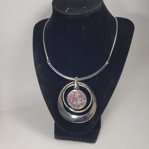 Multi Hoops Flower Pendant Statement Necklace - Polished Silver tone - Picture 5 of 10